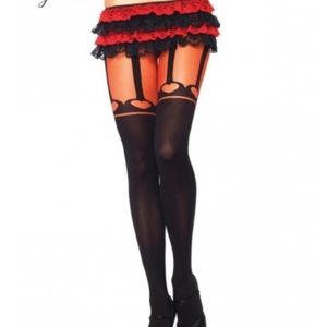 OPAQUE PANTYHOSE WITH FAUX HEART GARTER BELT BLACK/RED